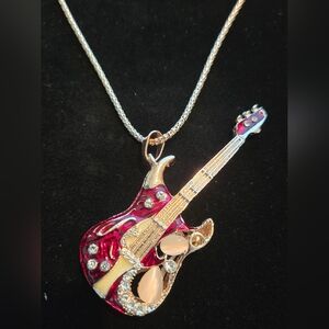 Guitar Pendant Necklace with Red and Gold Accents